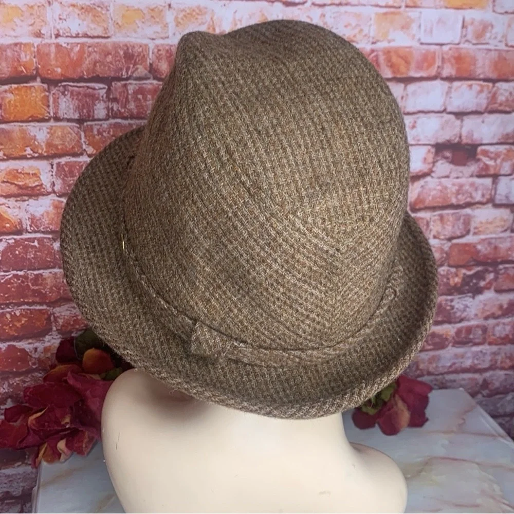 Vintage 70s Brown Wool Tweed Indian Head Penny Fedora Hat